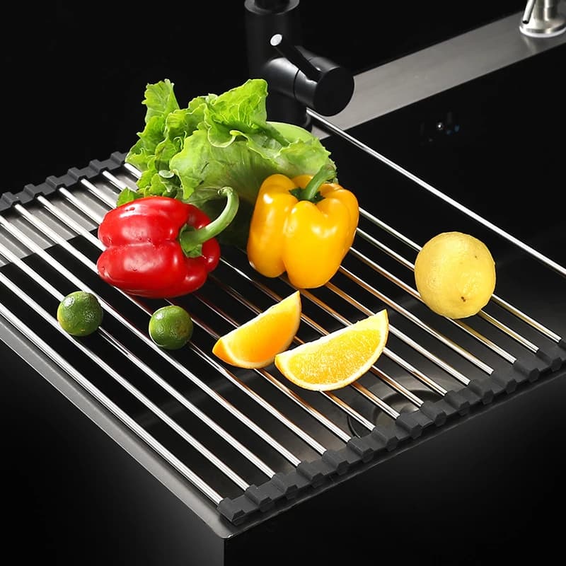 1PC Foldable Stainless Steel Sink Drainer Heat Resistant Kitchen Countertop Storage Organizer Vegetable Dish Water Filter Shelf